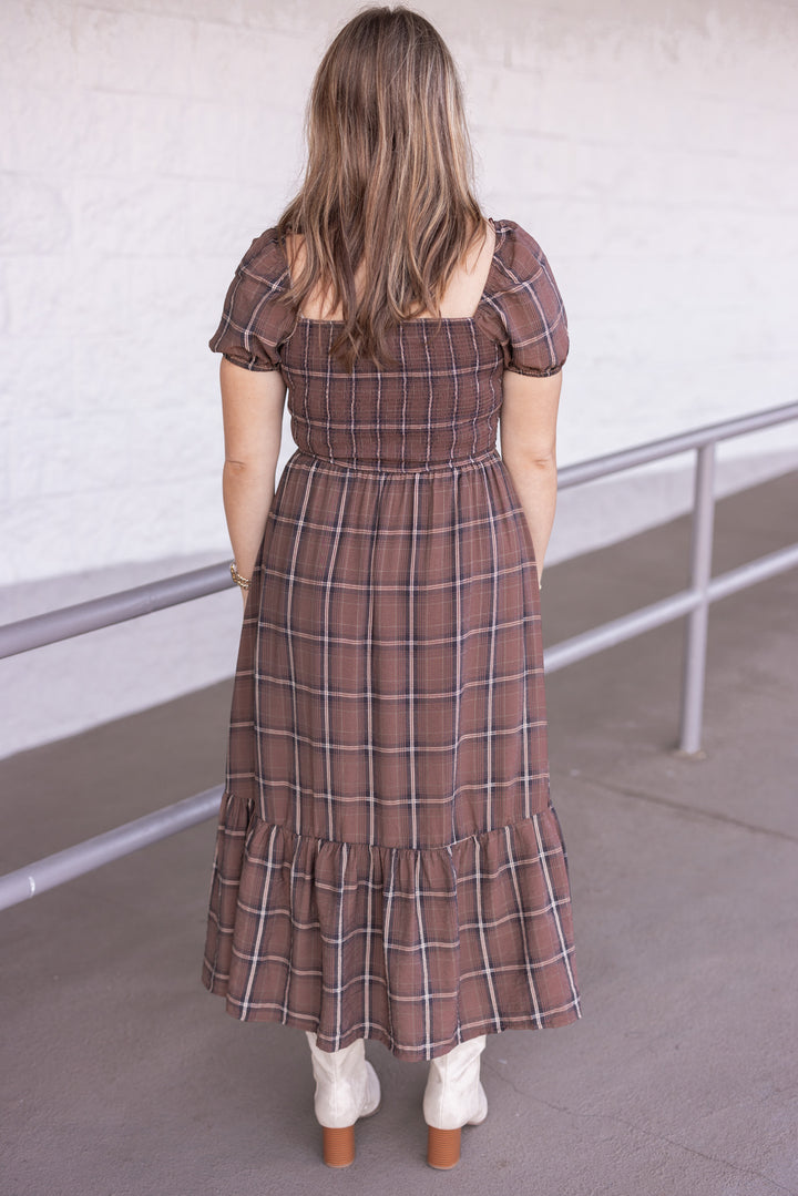 Women's brown plaid midi dress with smocked bodice by Blu Pepper showing full back view