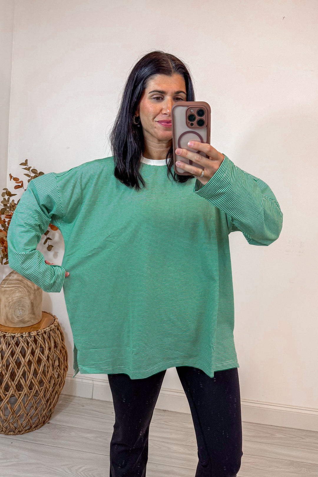 green white oversized striped shirt