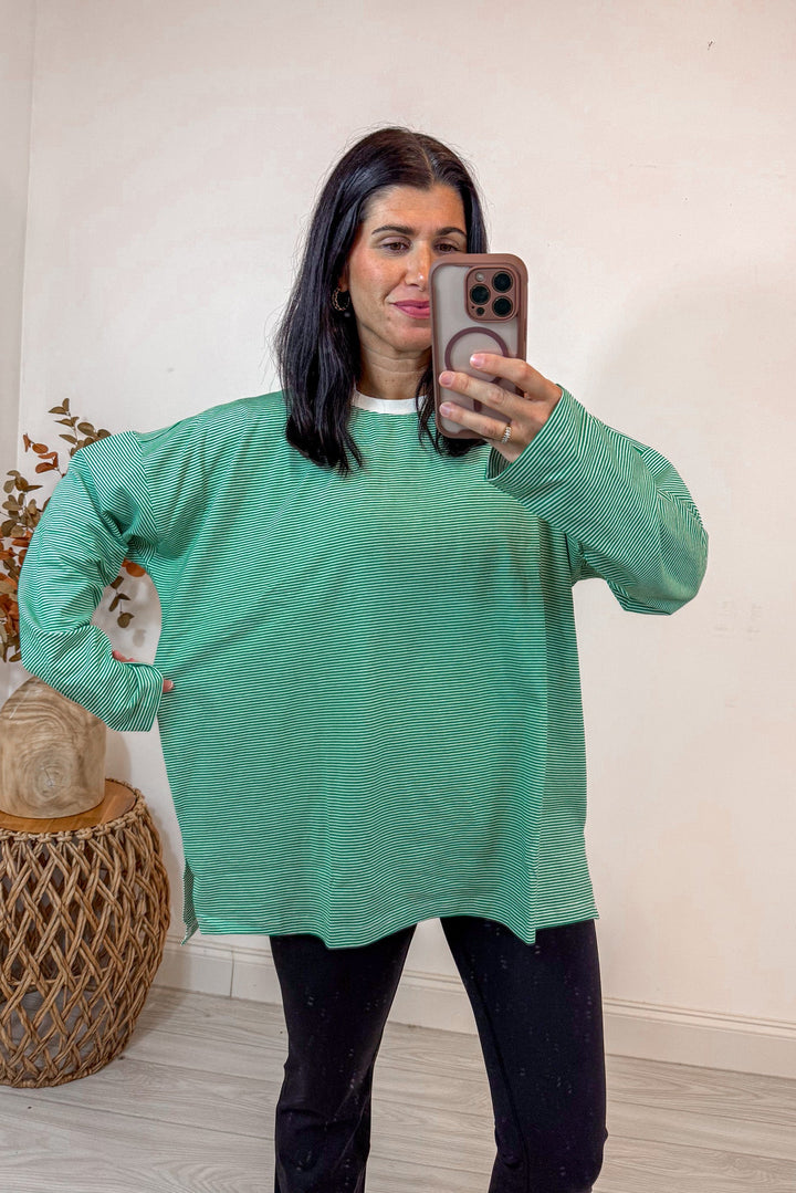 green white oversized striped shirt