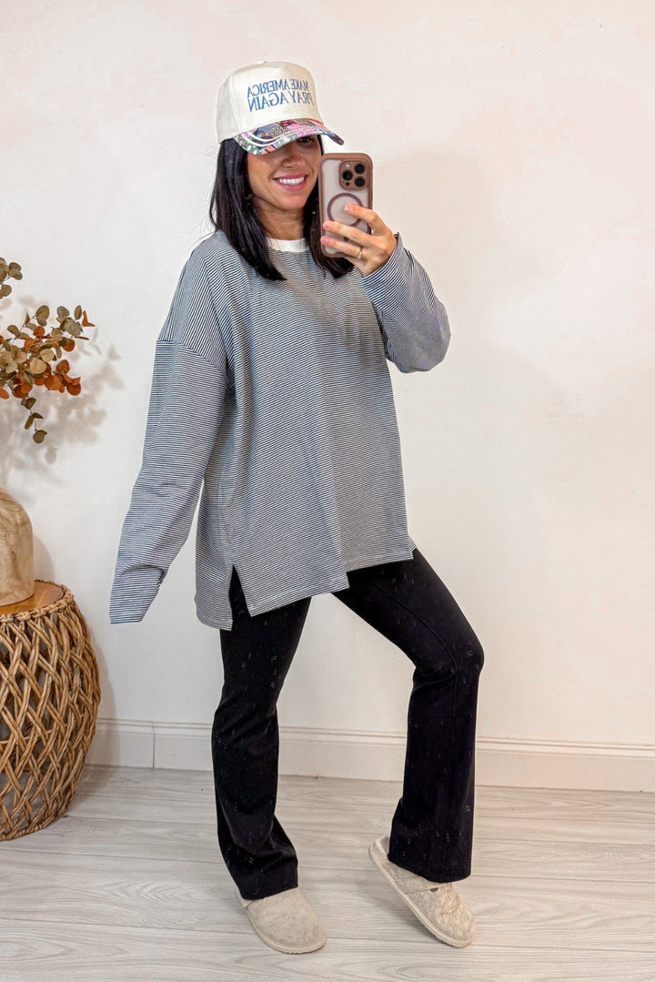 free people dupe navy white striped oversized top