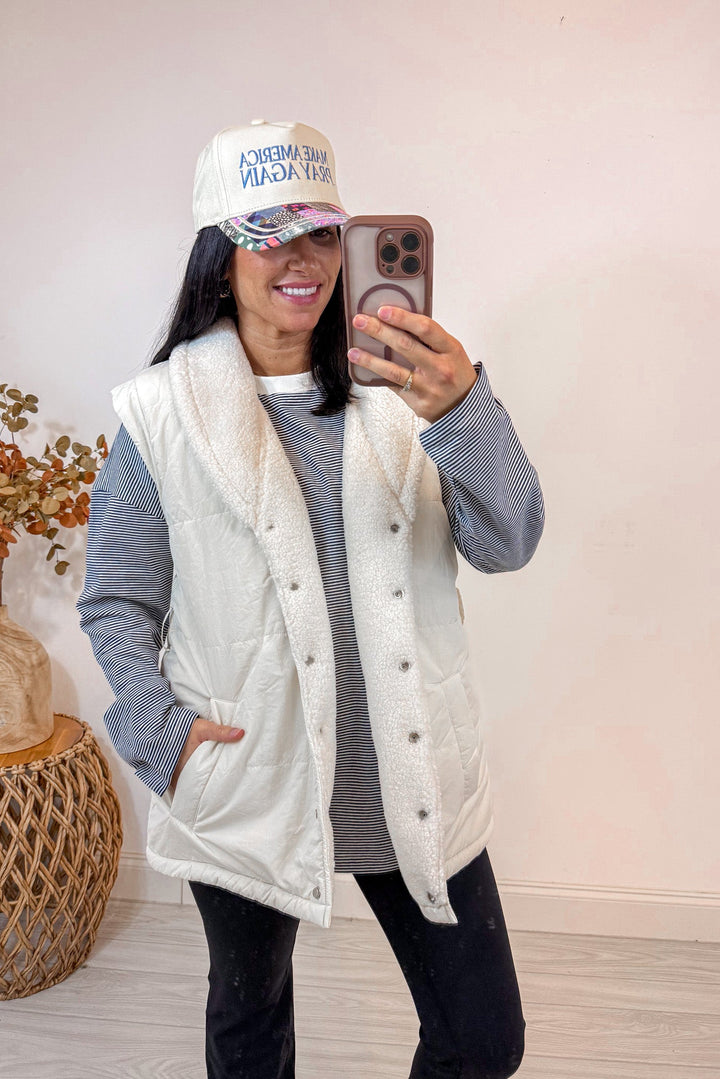 free people dupe navy white striped oversized top with white vest