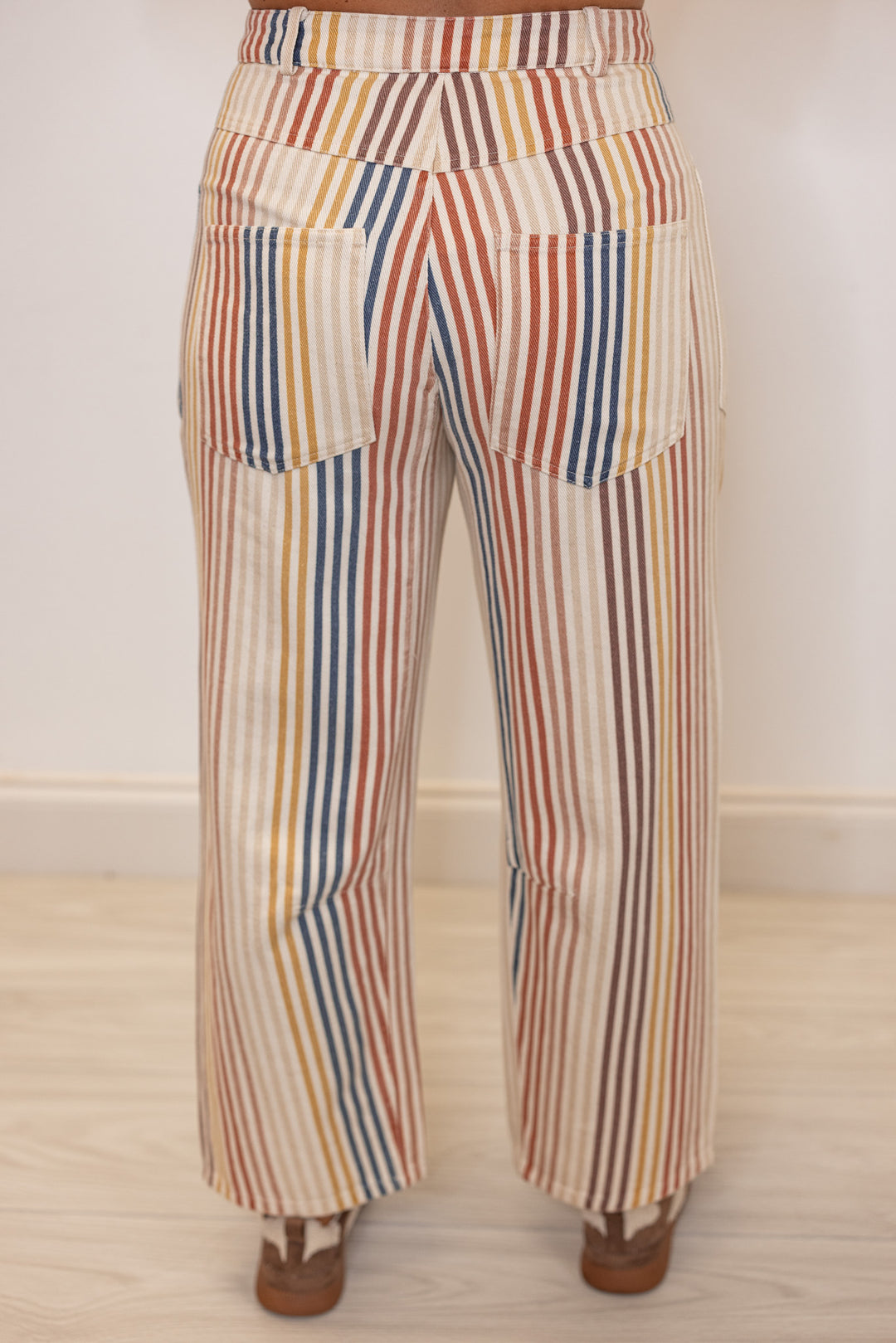 Women's cream washed twill barrel pants with multicolor and multi patterned stripes by Fantastic Fawn showing up close back view
