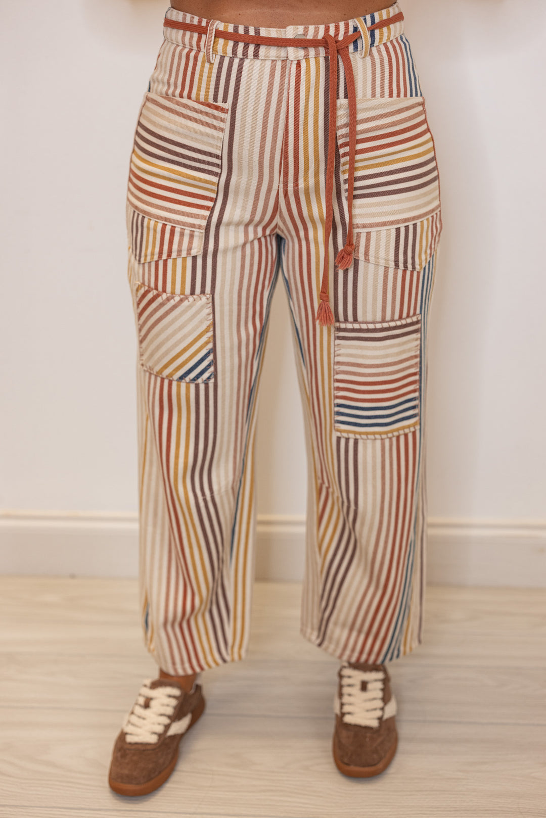 Women's cream washed twill barrel pants with multicolor and multi patterned stripes by Fantastic Fawn showing up close front view