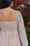 brown white striped sweetheart midi dress