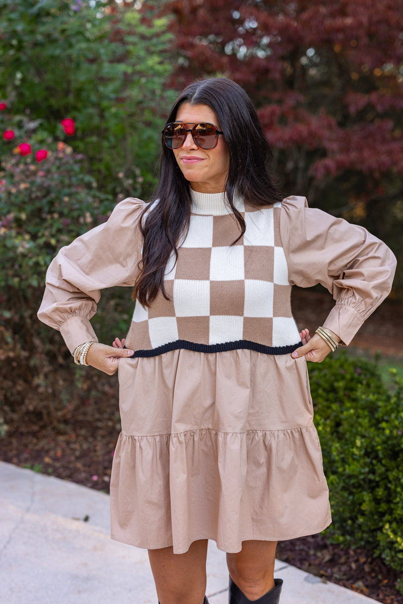 taupe white gingham sweater dress