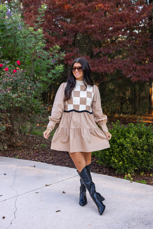 taupe white gingham sweater dress