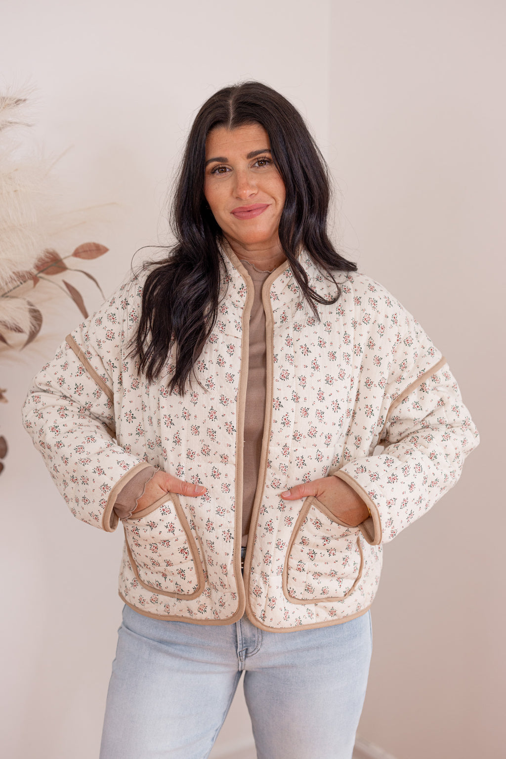 cream tan floral quilted jacket