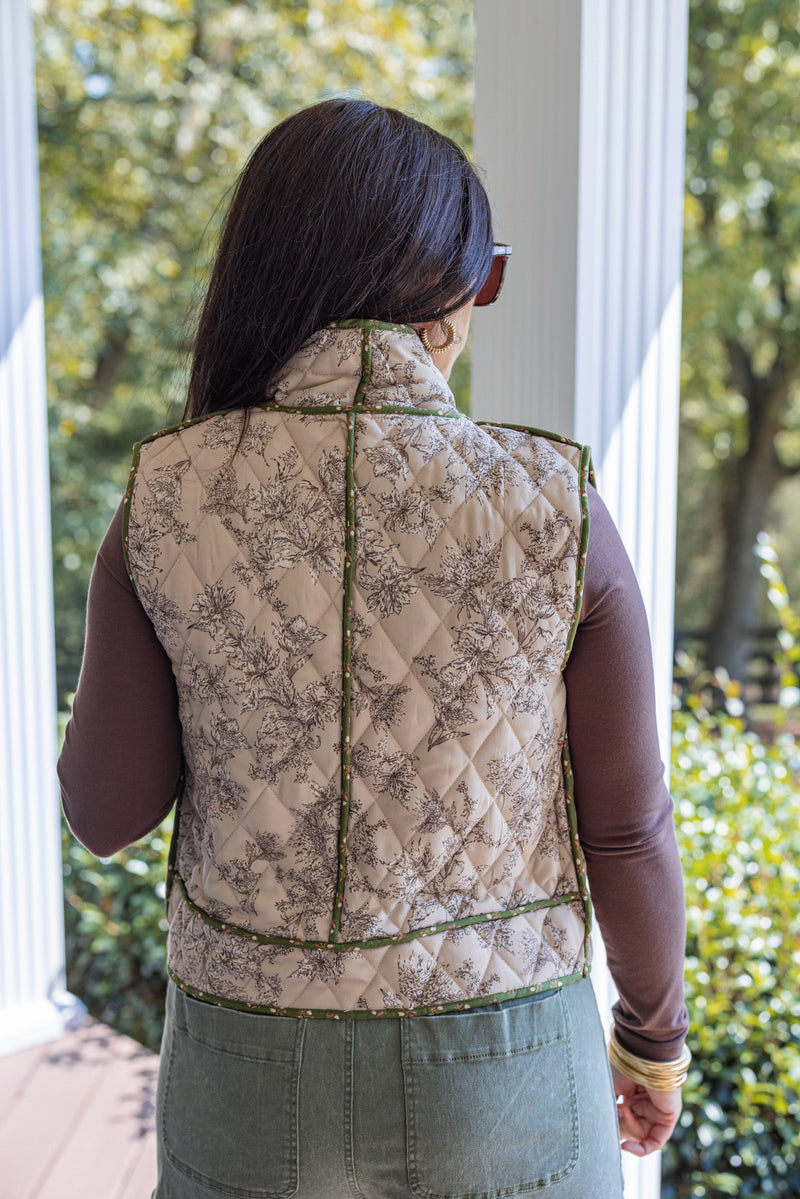 olive taupe floral quilted tie vest