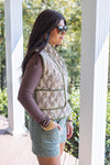 olive taupe floral quilted tie vest