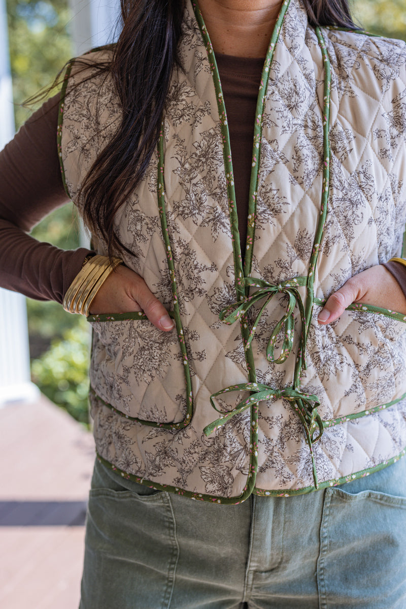 olive taupe floral quilted tie vest