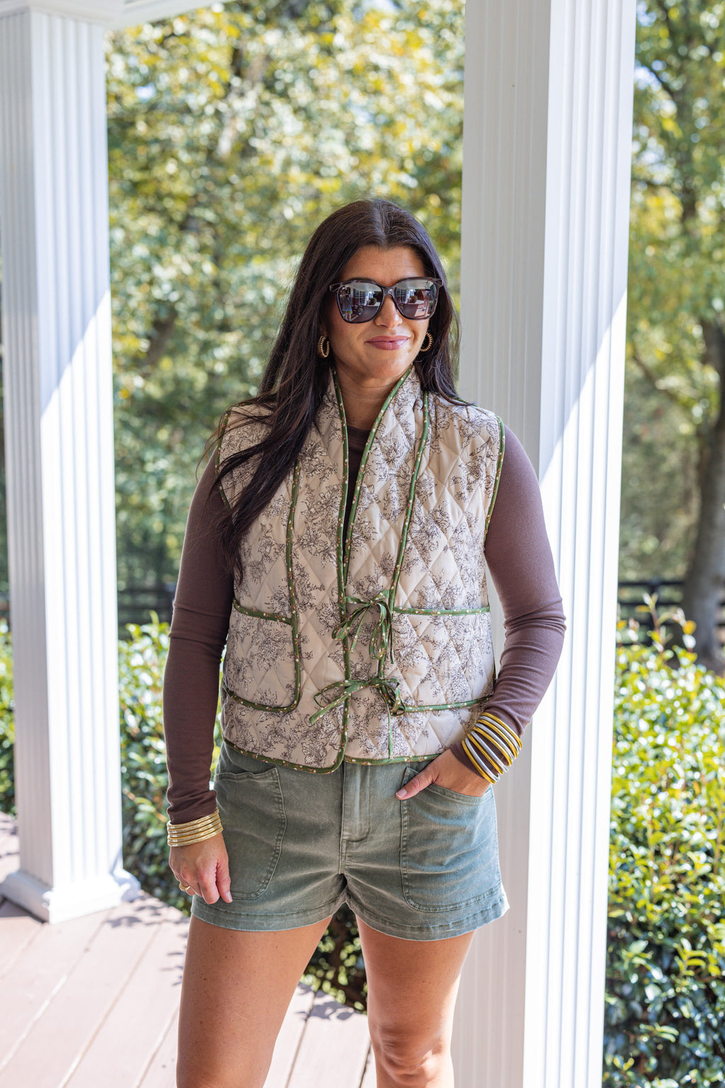 olive taupe floral quilted tie vest