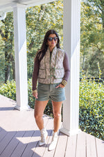 olive taupe floral quilted tie vest