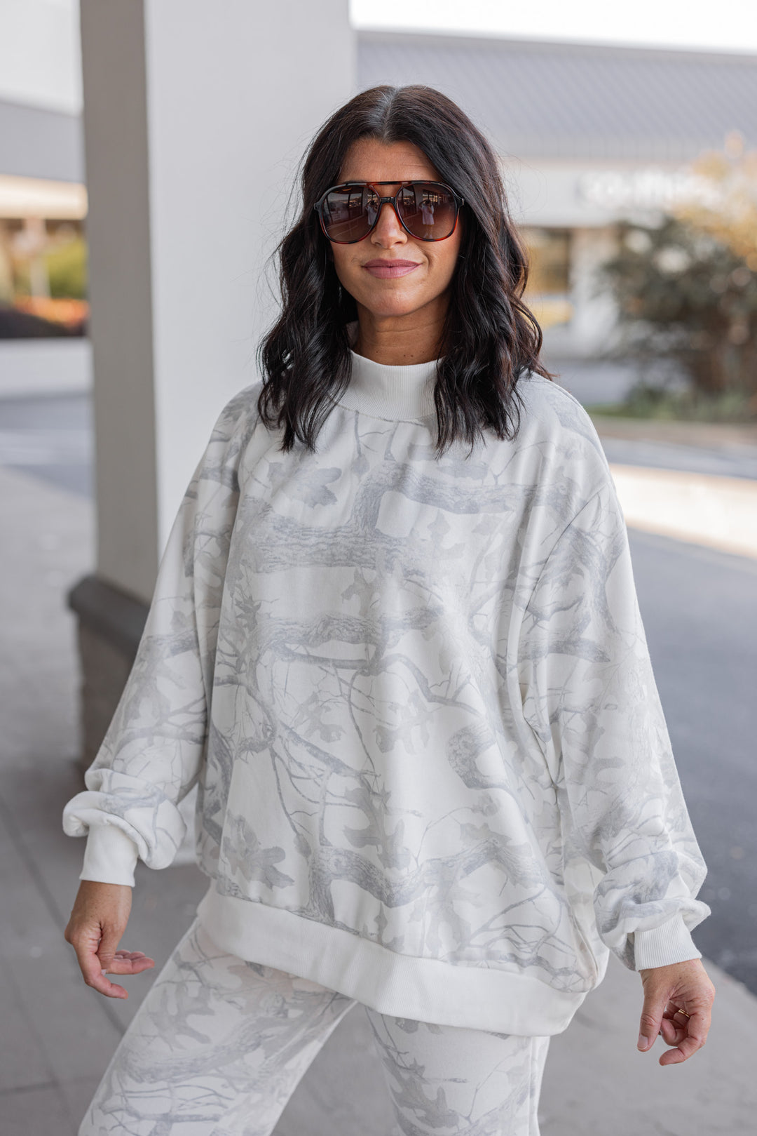 Women&#39;s grey snow camo oversized sweatshirt by BucketList