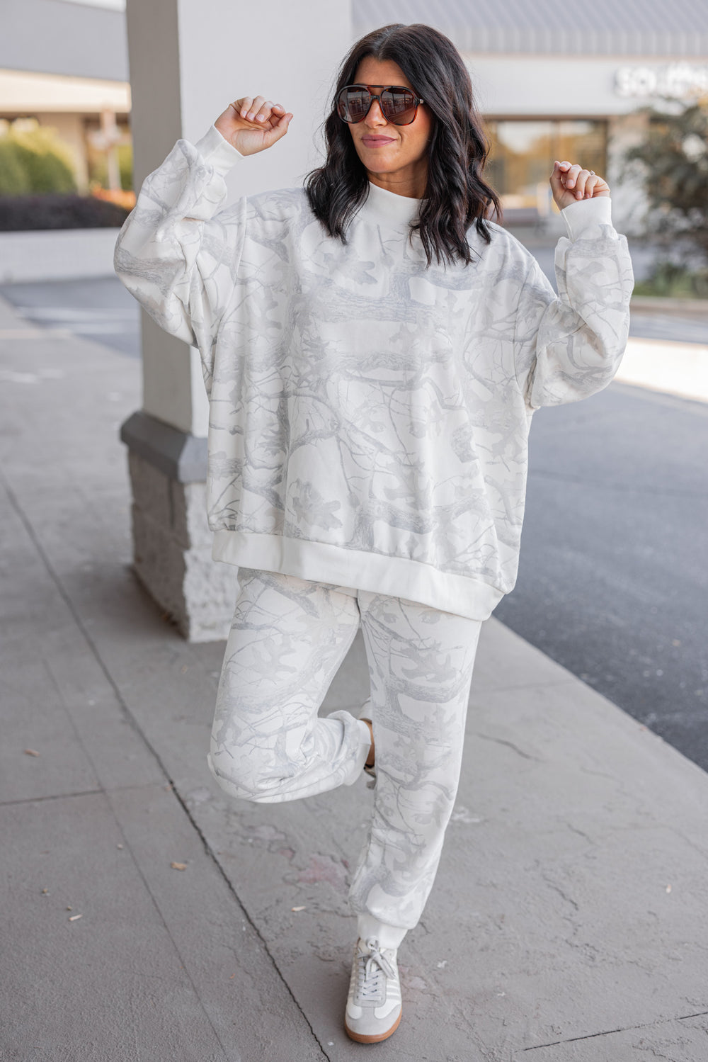 Women&#39;s trendy grey snow camo oversized sweatshirt by BucketList