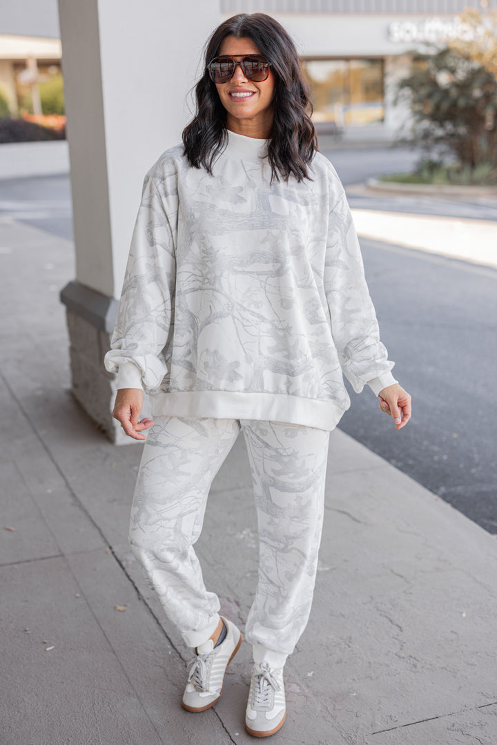 Women's grey snow camo oversized sweatshirt by BucketList, perfect lounge wear