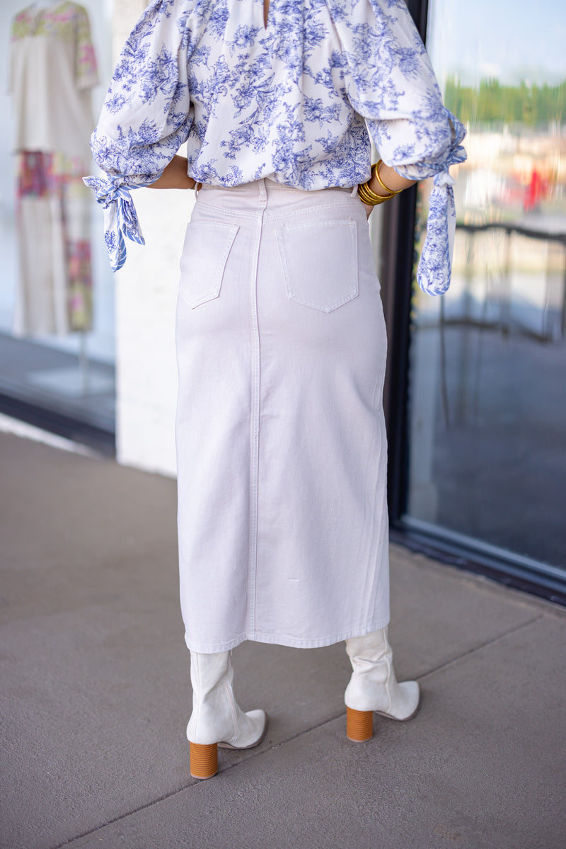 ivory denim slit midi skirt