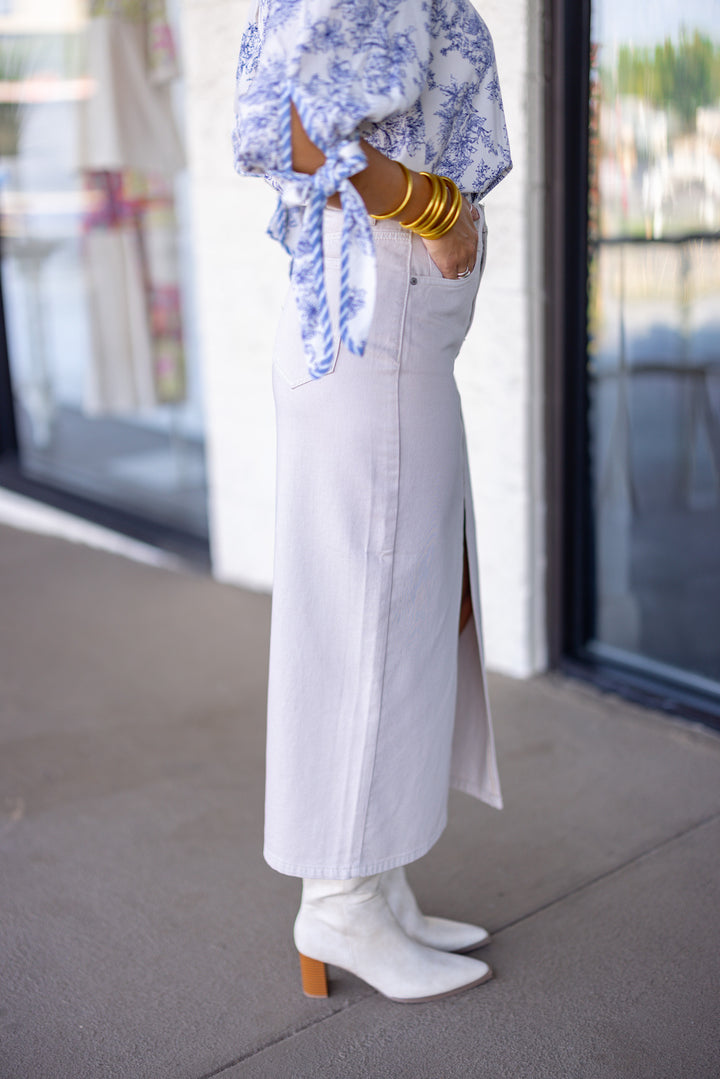 ivory denim slit midi skirt