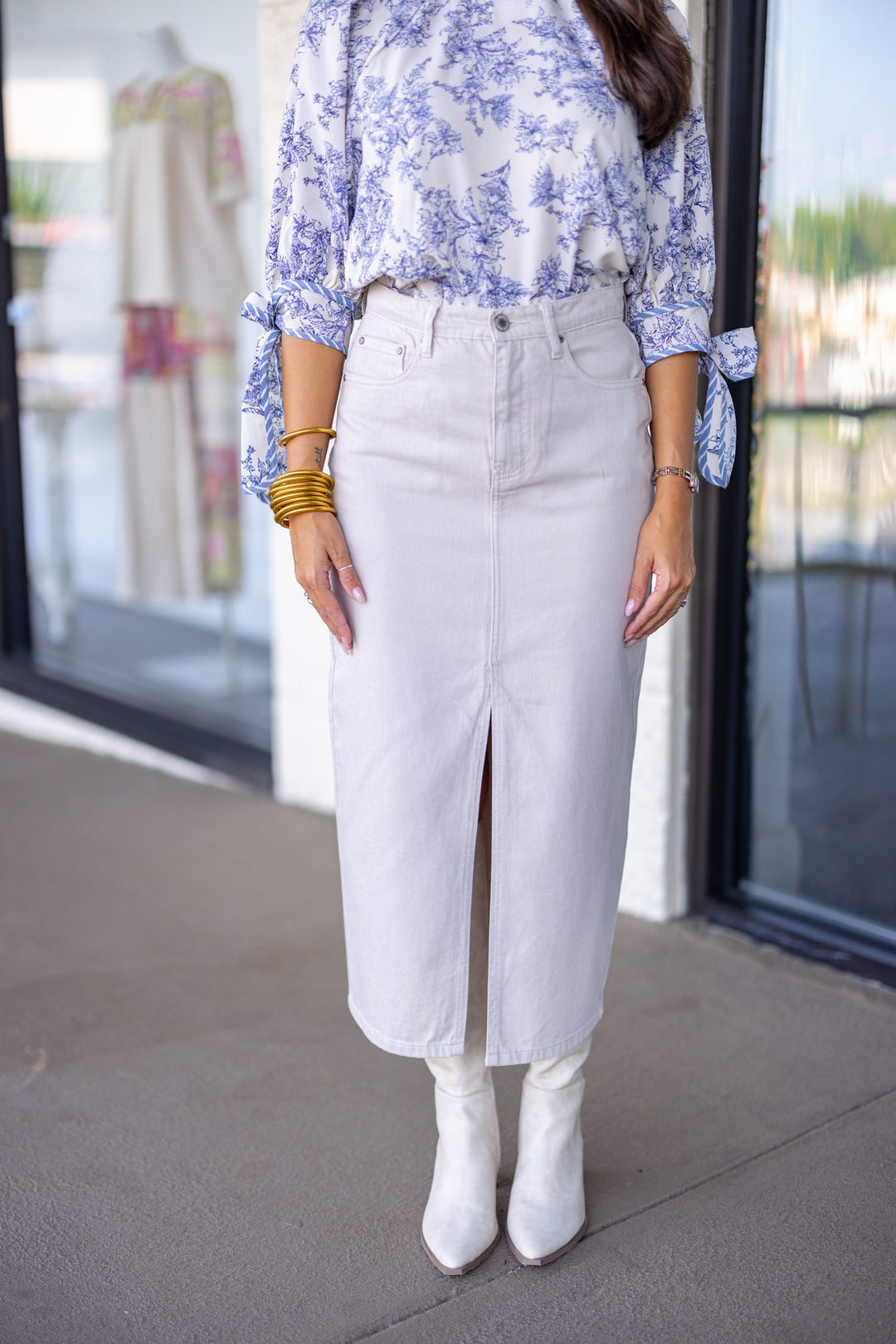 ivory denim slit midi skirt