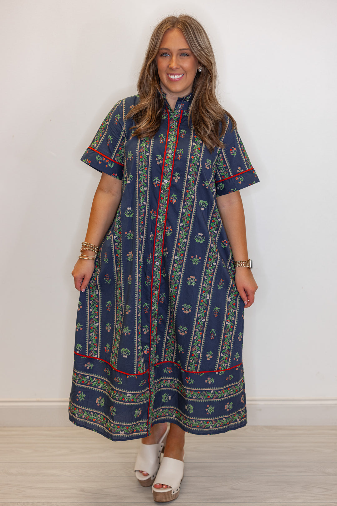 Women's navy blue button front midi dress with floral trellis print and red trim by Entro showing full front view