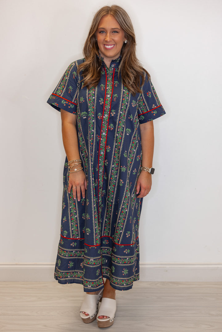 Women's trendy navy blue button front midi dress with floral trellis print and red trim by Entro, perfect for teachers