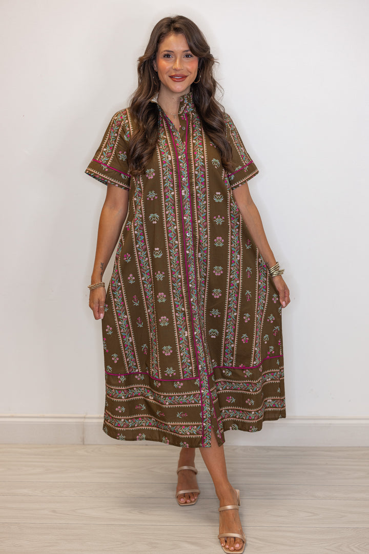 Women's brown olive midi dress with floral trellis print and burgundy trim by Entro, shown without self tie belt