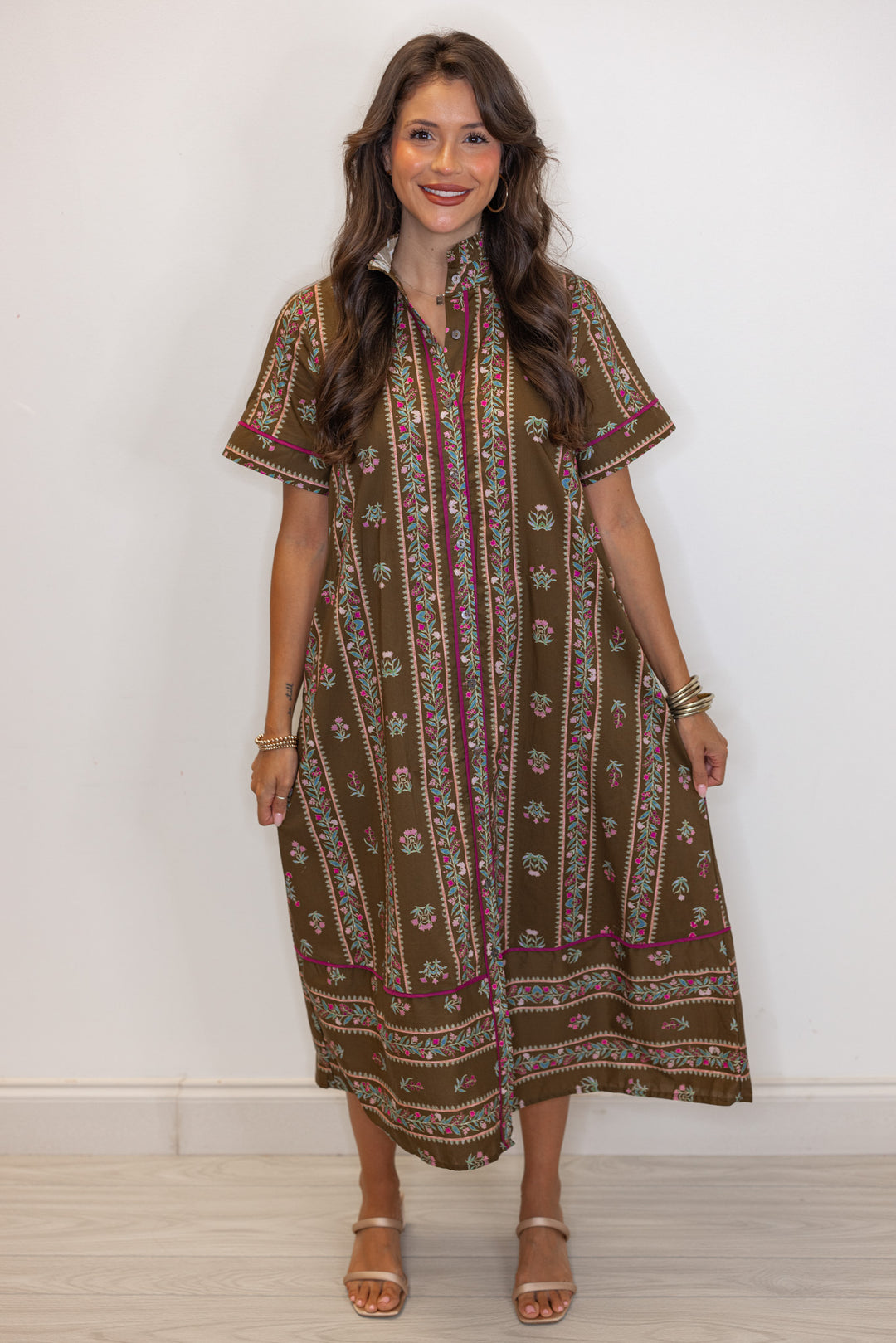 Women's trendy brown olive midi dress with floral trellis print and burgundy trim by Entro, perfect for teachers