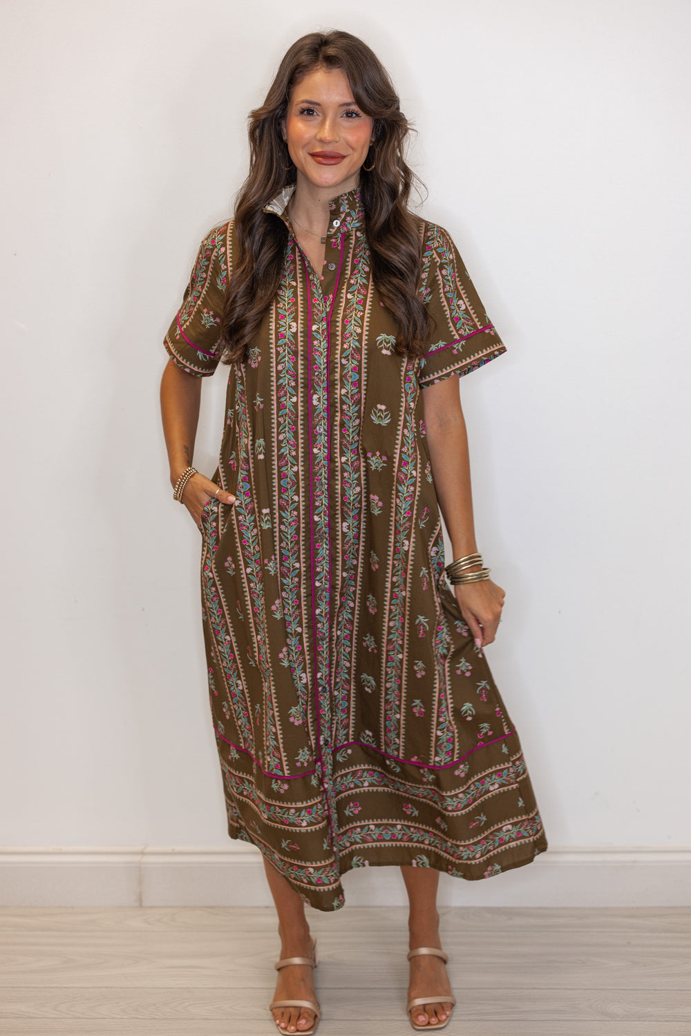 Women's brown olive midi dress with floral trellis print and burgundy trim by Entro showing full front view