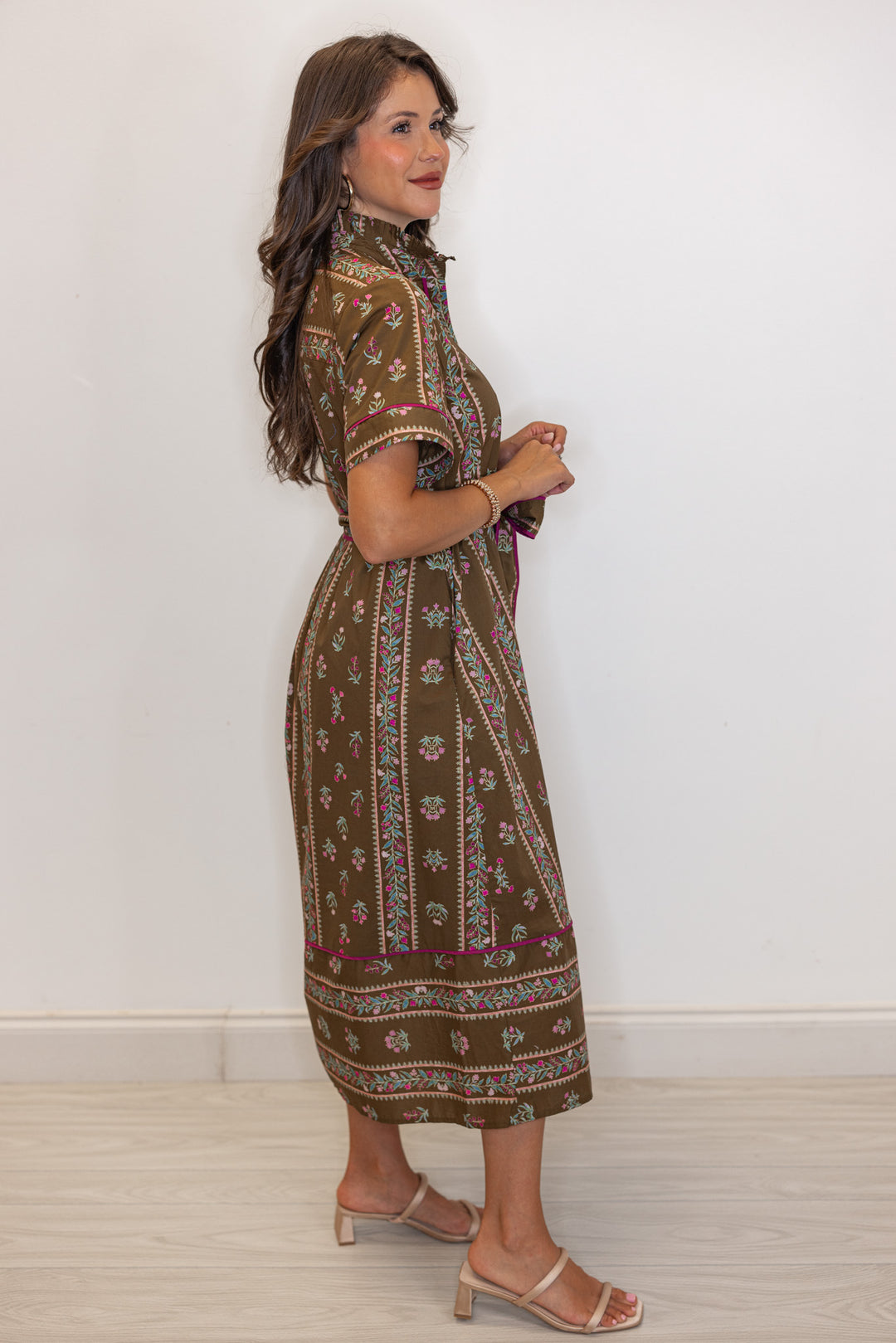 Women's brown olive midi dress with floral trellis print and burgundy trim by Entro showing full side view