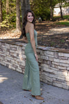 olive green denim flare leg jumpsuit