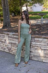 olive green denim flare leg jumpsuit