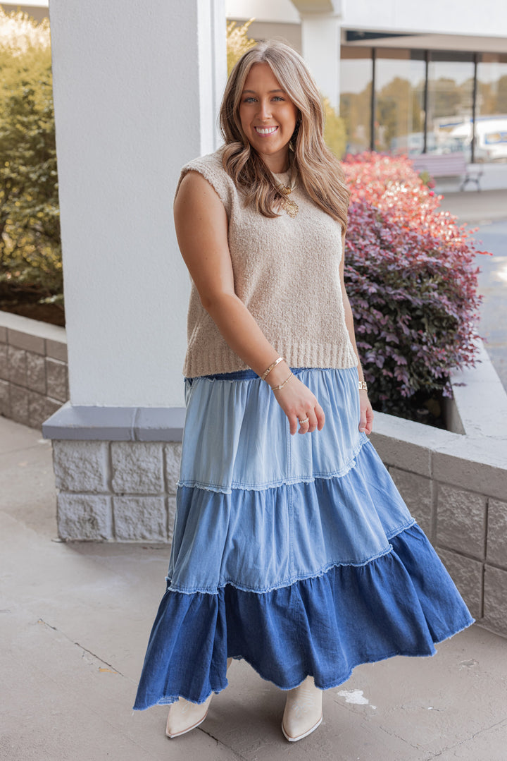 Women's trendy ruffle tiered denim maxi skirt in multi shades of blue