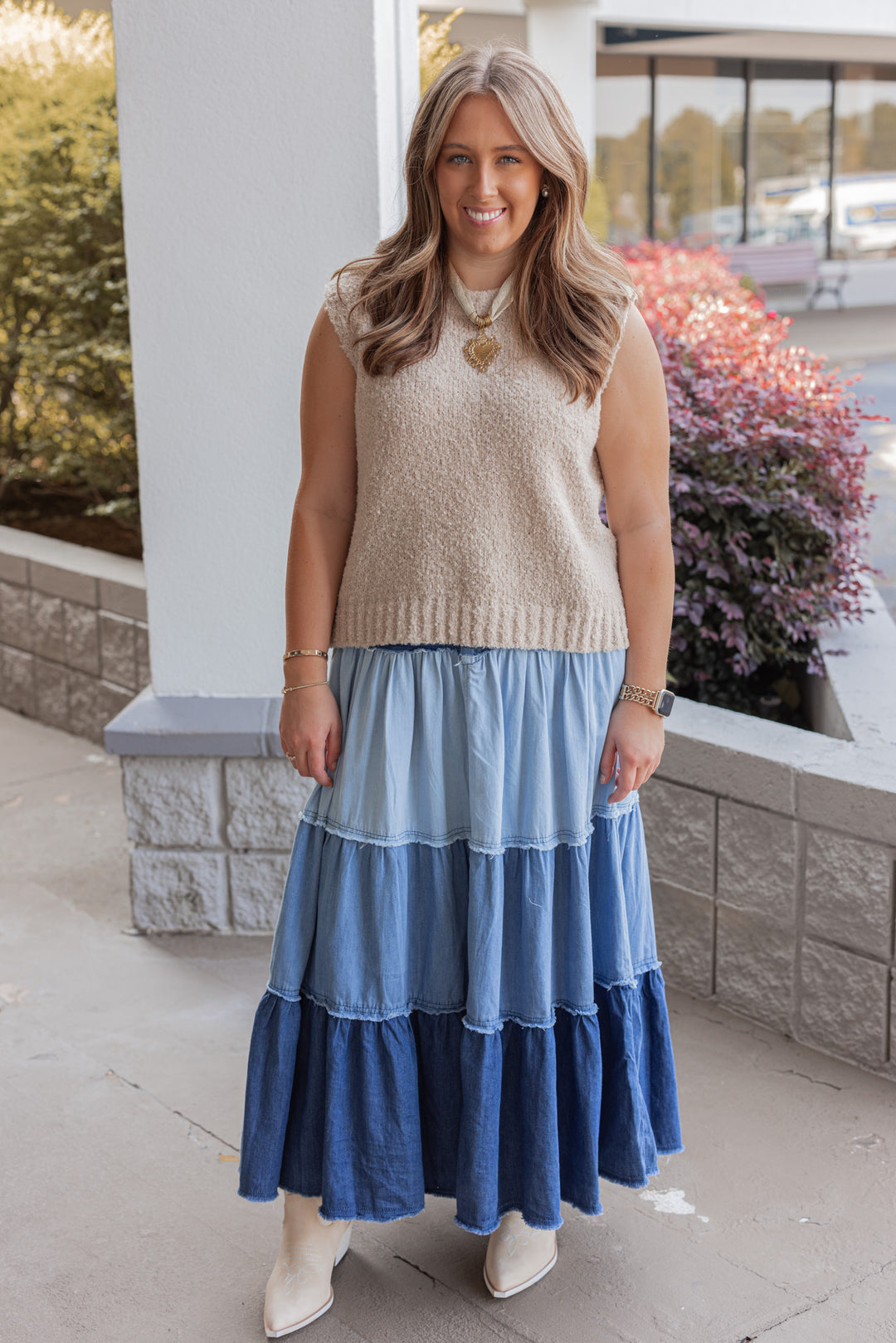 Women's ruffle tiered denim maxi skirt in multi shades of blue by Easel