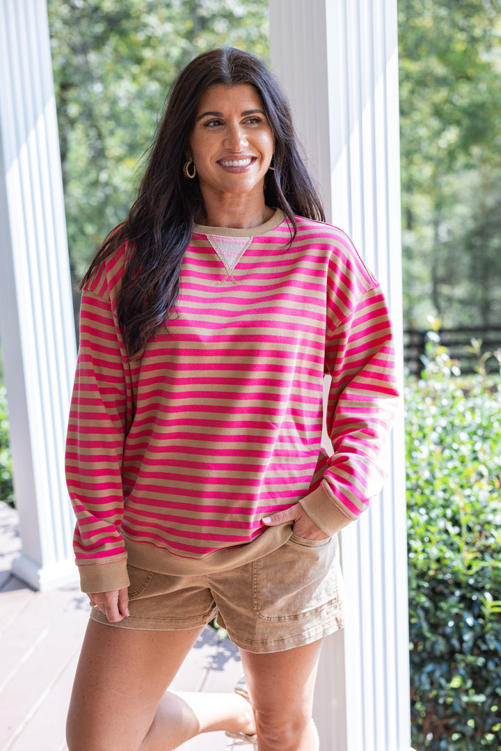 Hot pink and taupe striped french terry knit pullover by Wishlist