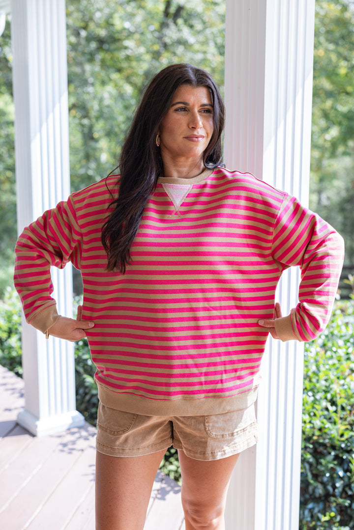 Hot pink and taupe striped french terry knit pullover by Wishlist showing loose relaxed fit