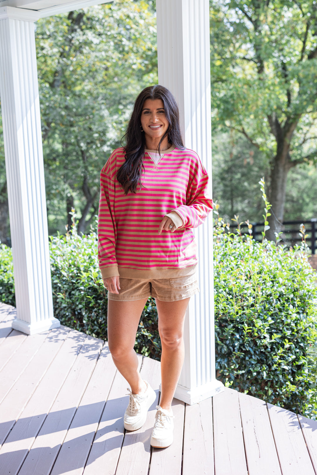 Hot pink and taupe striped french terry knit pullover by Wishlist showing far view