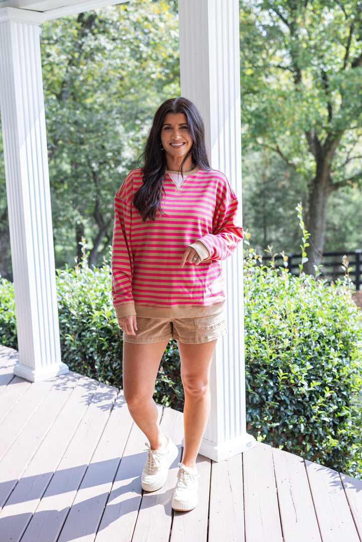 Hot pink and taupe striped french terry knit pullover by Wishlist showing far view