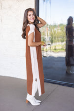 caramel brown knit midi shirt dress