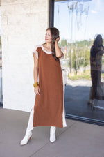 caramel brown knit midi shirt dress