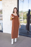 caramel brown knit midi shirt dress