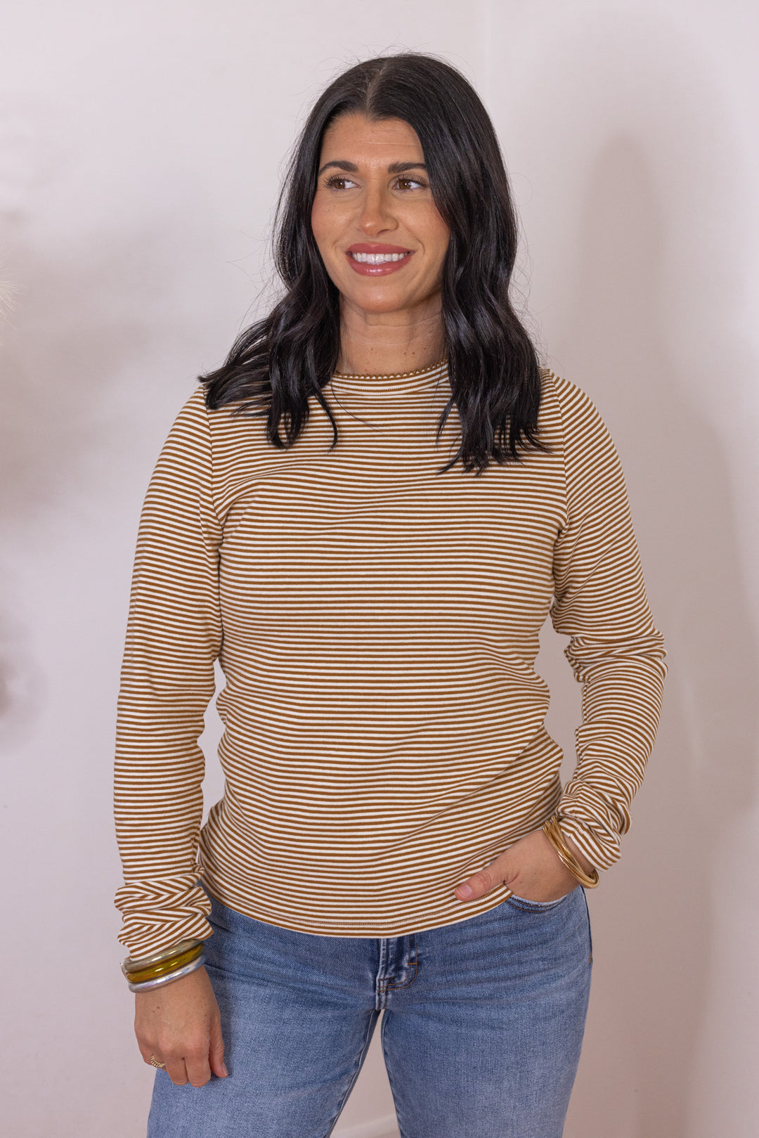 Women's caramel and white striped knit long sleeve top by Wishlist