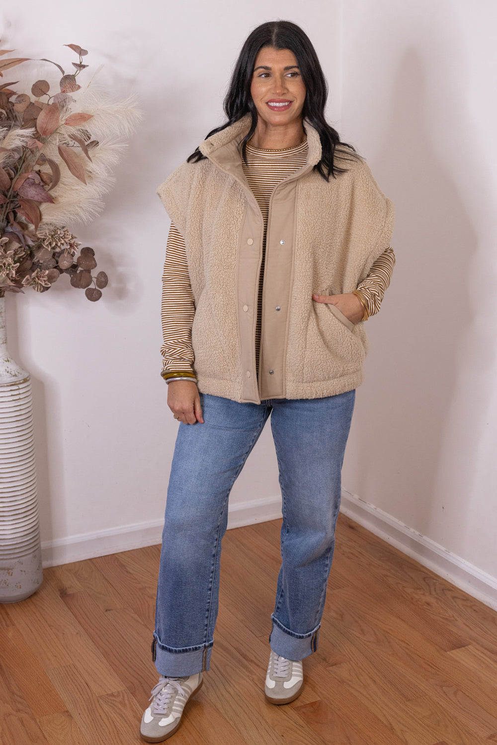 Women's caramel and white striped knit long sleeve top by Wishlist, perfect for layering