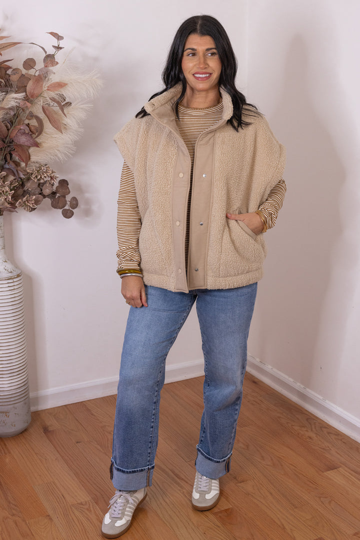 Women's caramel and white striped knit long sleeve top by Wishlist, perfect for layering