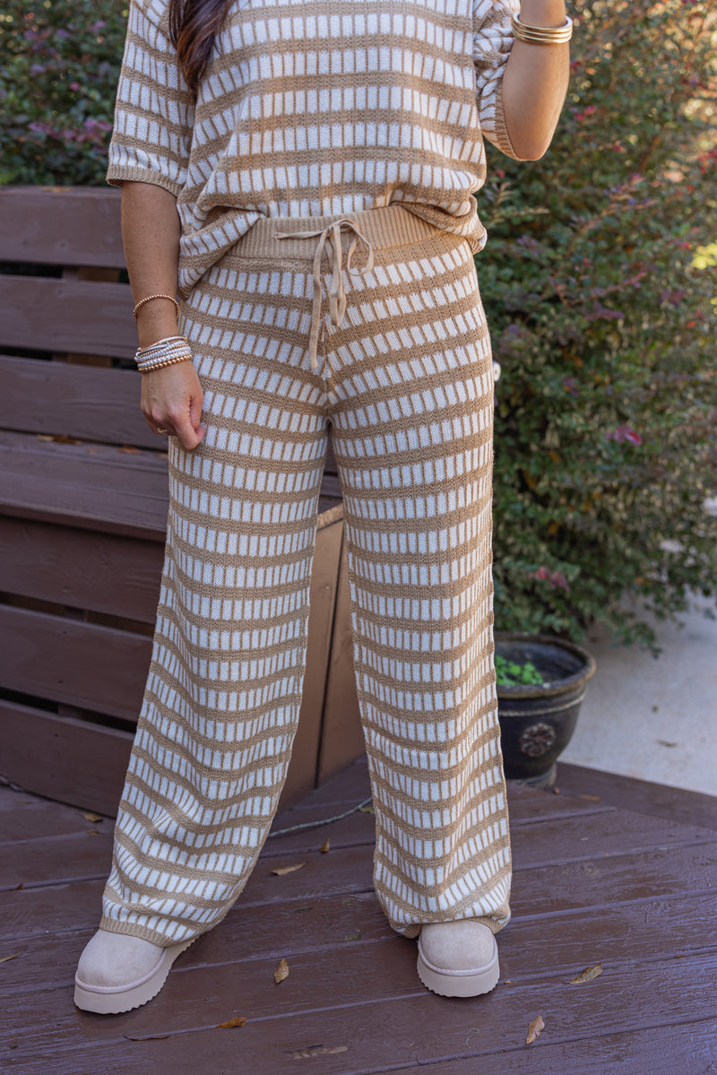 tan ivory square knit sweater wide leg pant