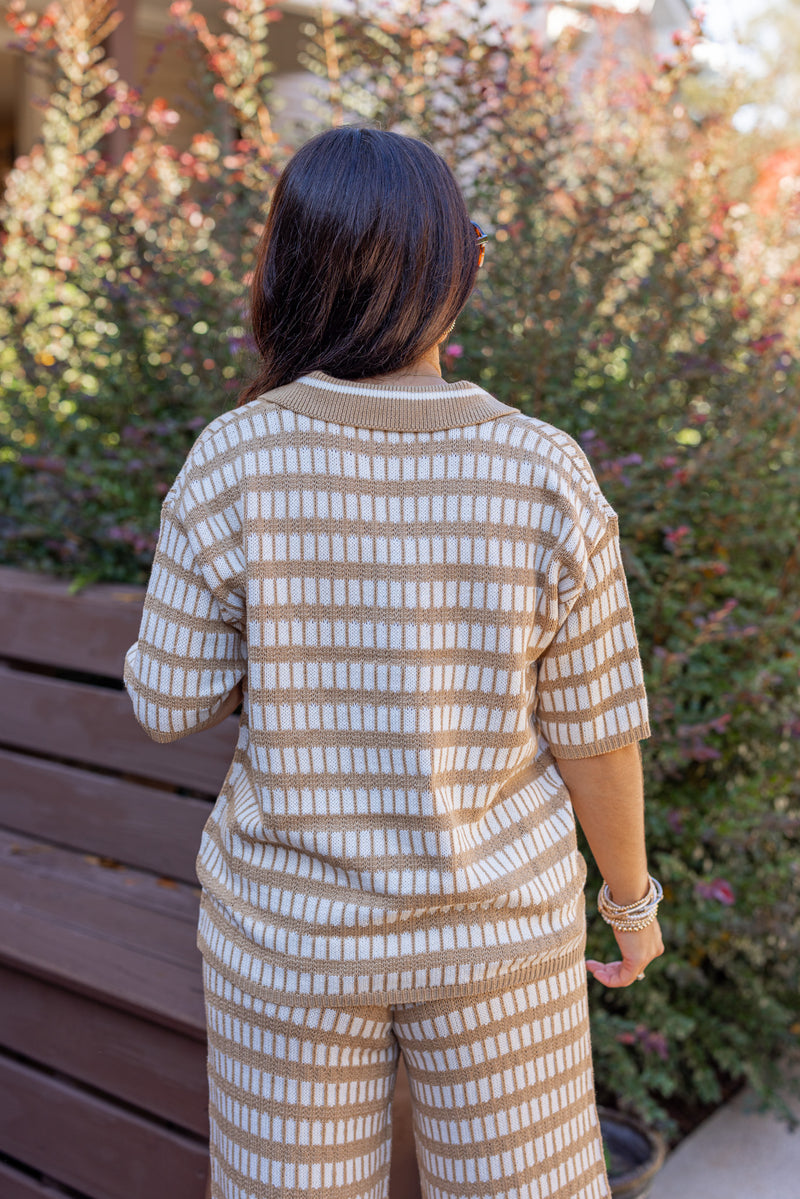 tan ivory square knit short sleeve sweater