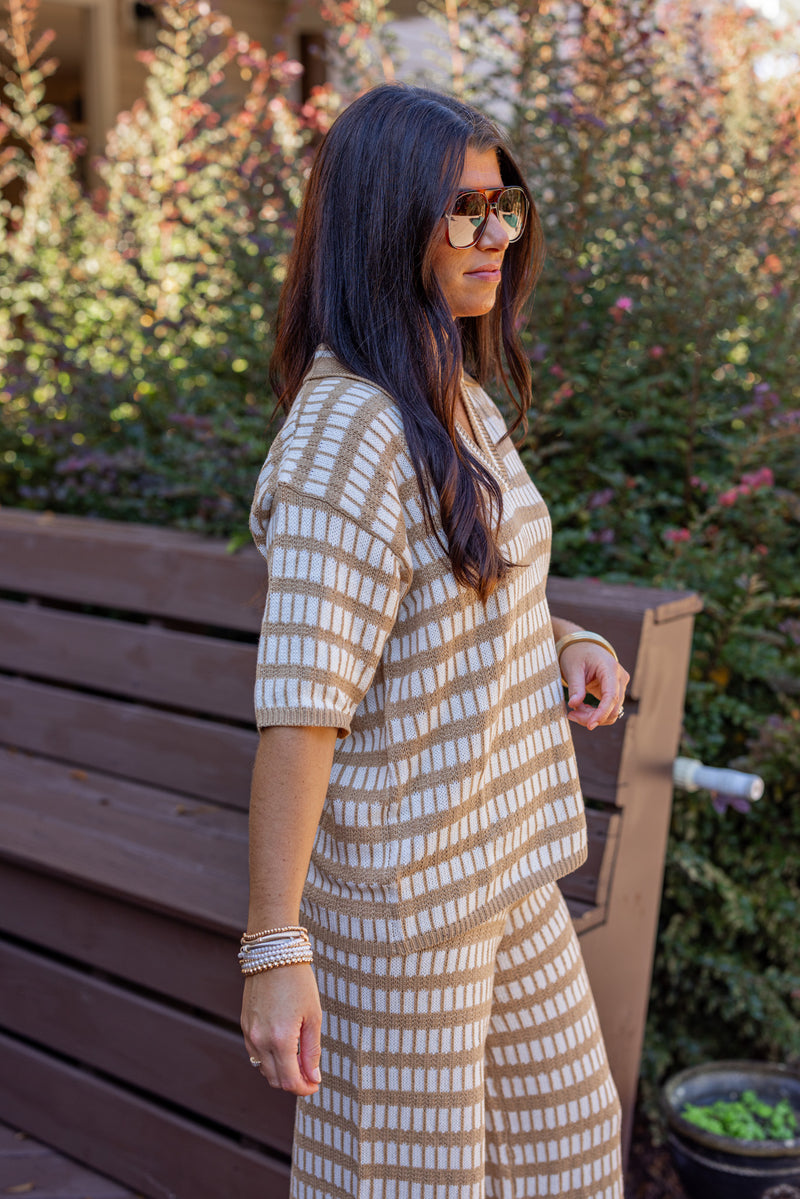 tan ivory square knit short sleeve sweater