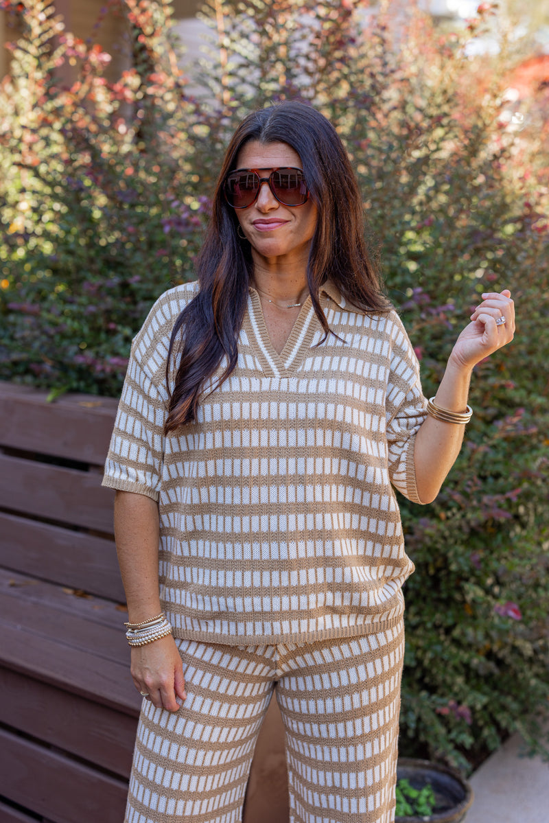 tan ivory square knit short sleeve sweater