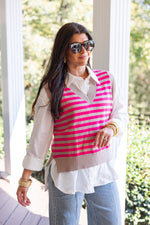 pink taupe striped sweater vest