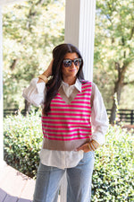 pink taupe striped sweater vest