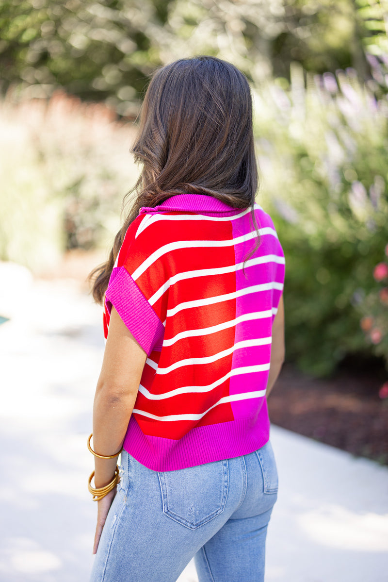 pink red colorblock stripe knit top