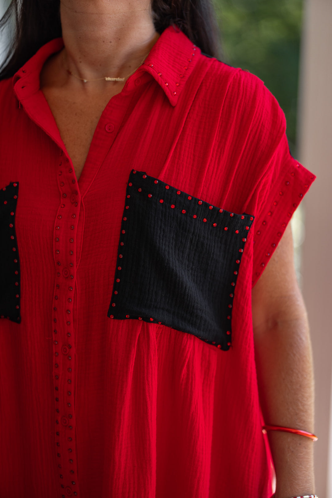 red crinkle gauze rhinestone studded babydoll dress